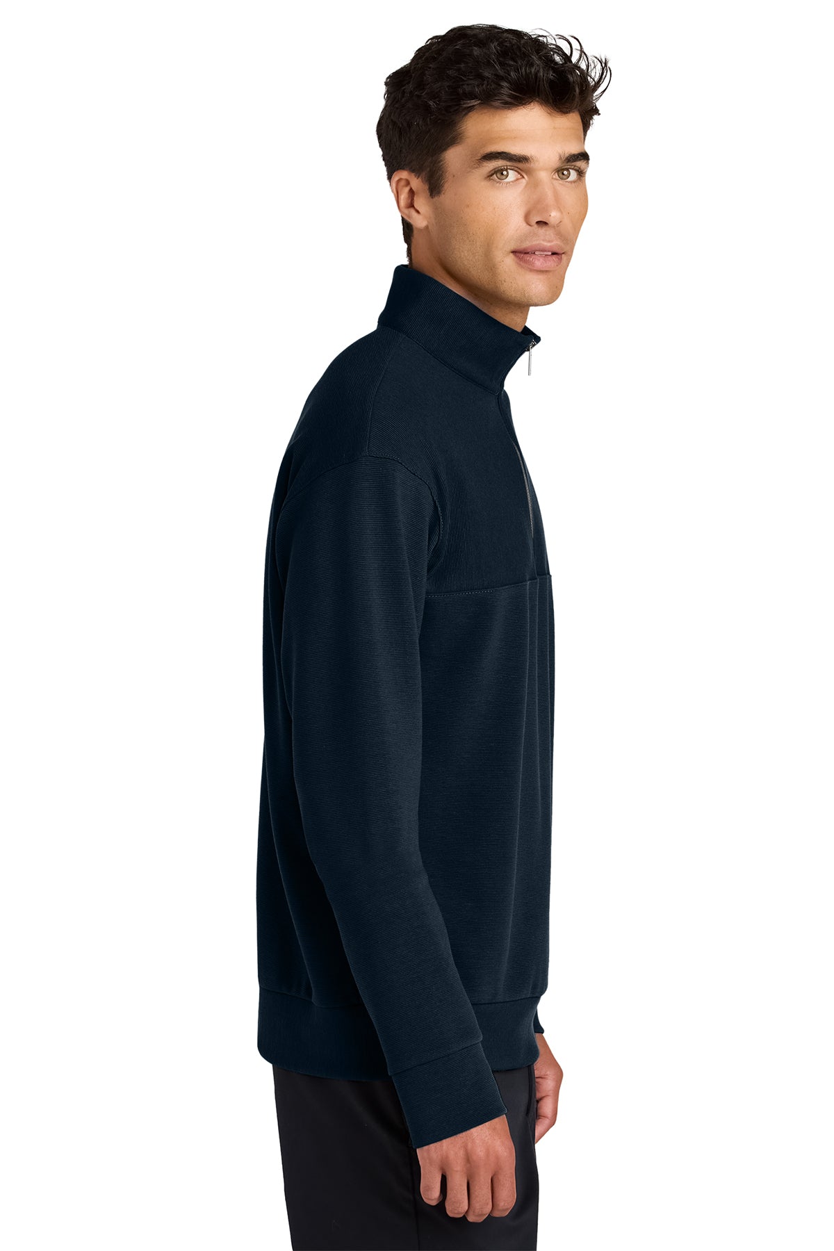 Mercer+Mettle Linear Texture 1/4-Zip in Night Navy, side on model