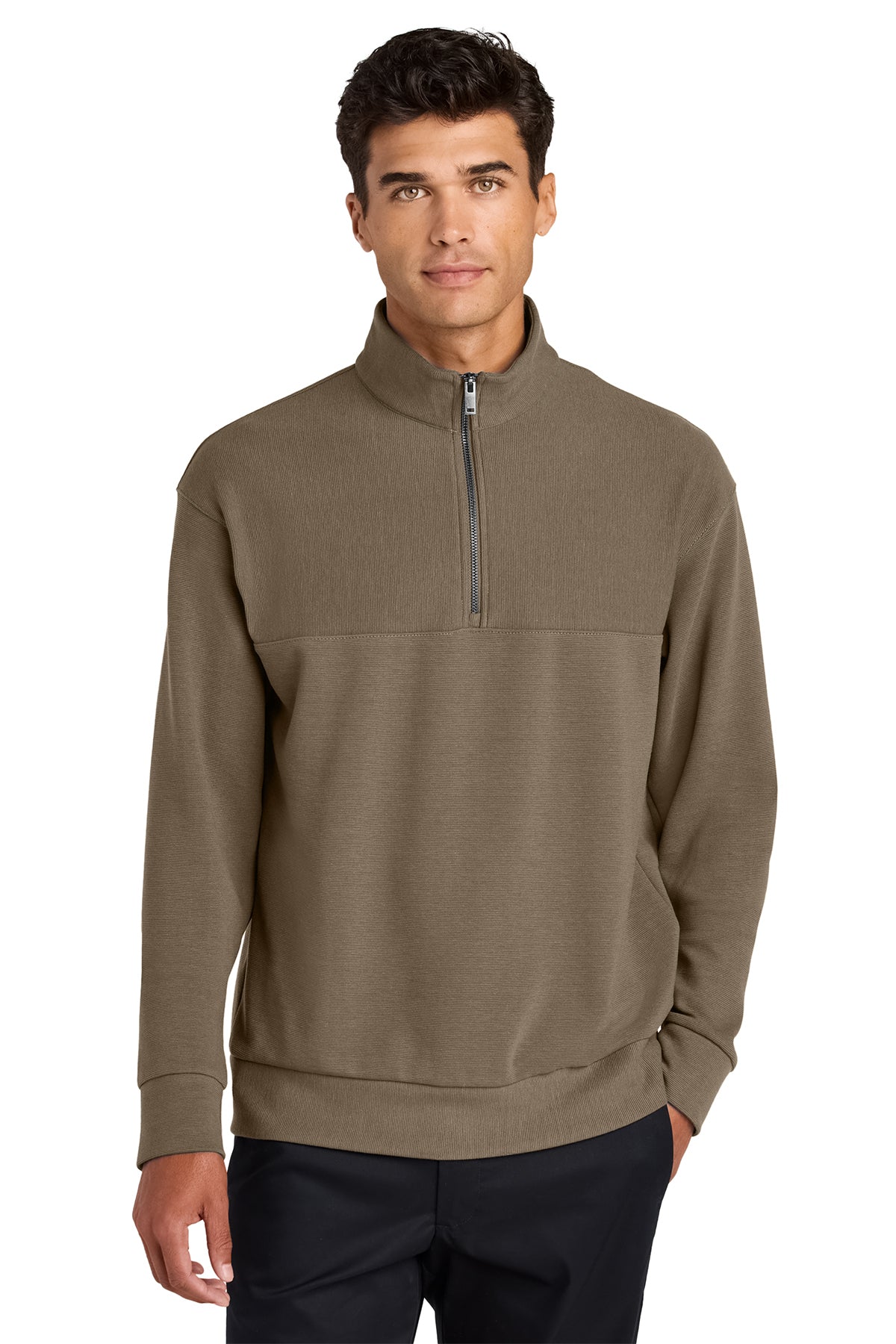 Mercer+Mettle Linear Texture 1/4-Zip in Warm Taupe, front on model