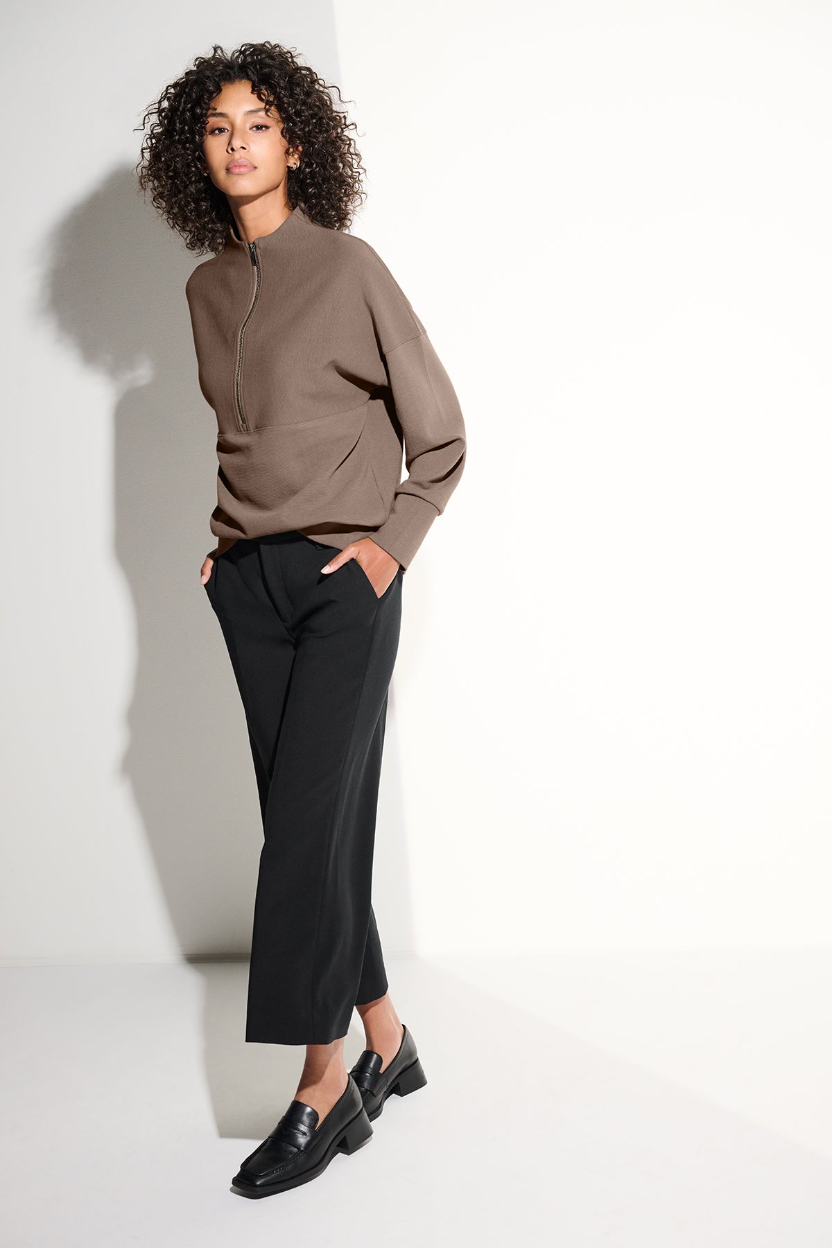 Mercer+Mettle Women’s Linear Texture 1/4-Zip in Warm Taupe, view on model