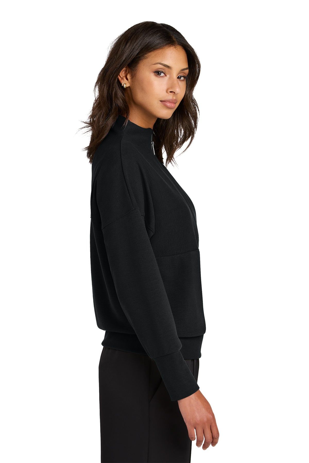 Mercer+Mettle Women’s Linear Texture 1/4-Zip in Deep Black, side on model