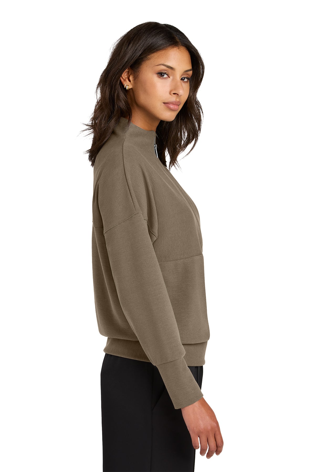 Mercer+Mettle Women’s Linear Texture 1/4-Zip in Warm Taupe, side on model