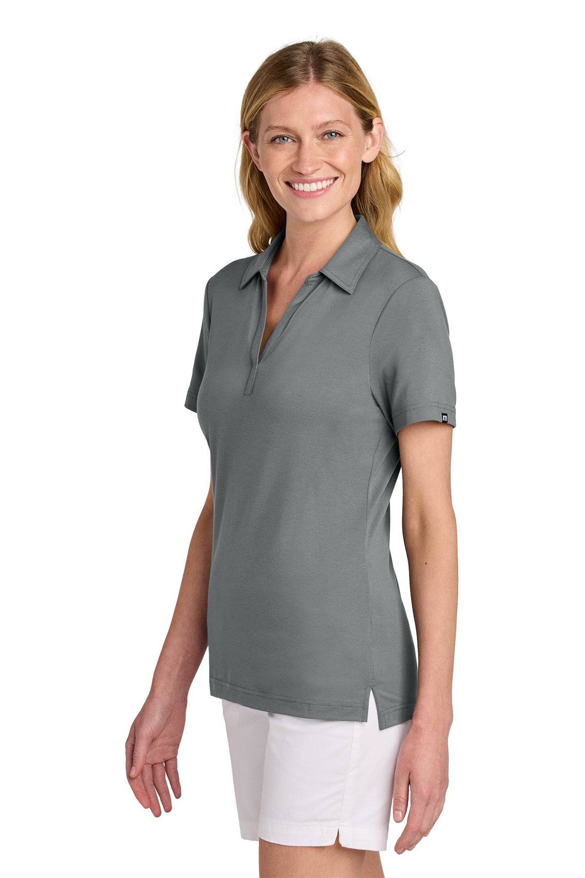 TravisMathew Women’s Glenview Solid Polo in Quiet Shade Grey, side on model