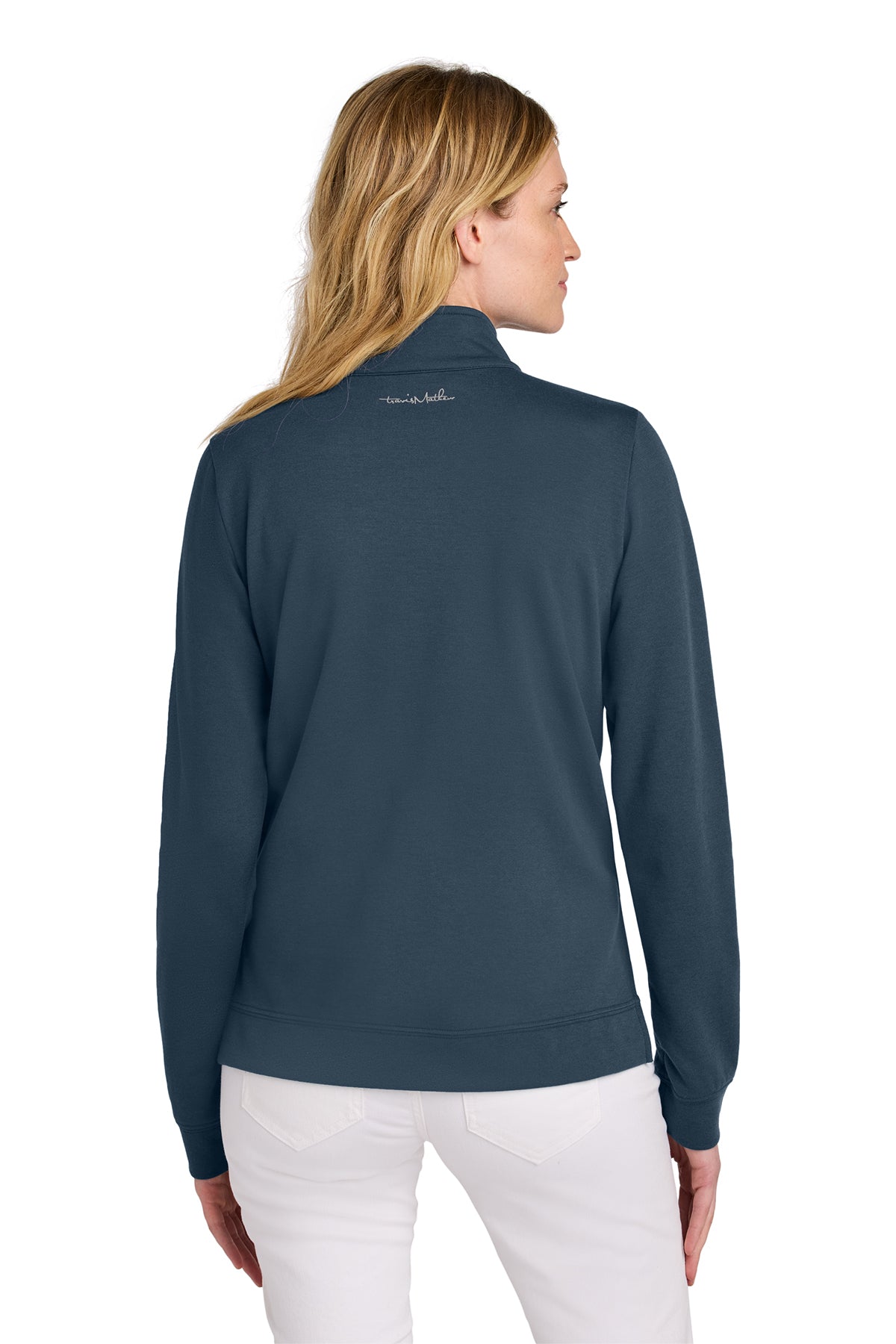 TravisMathew Women’s Coveside 1/2-Zip in Blue Nights, back on model