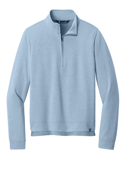 TravisMathew Women’s Coveside 1/2-Zip in Light Blue Heather, front flat