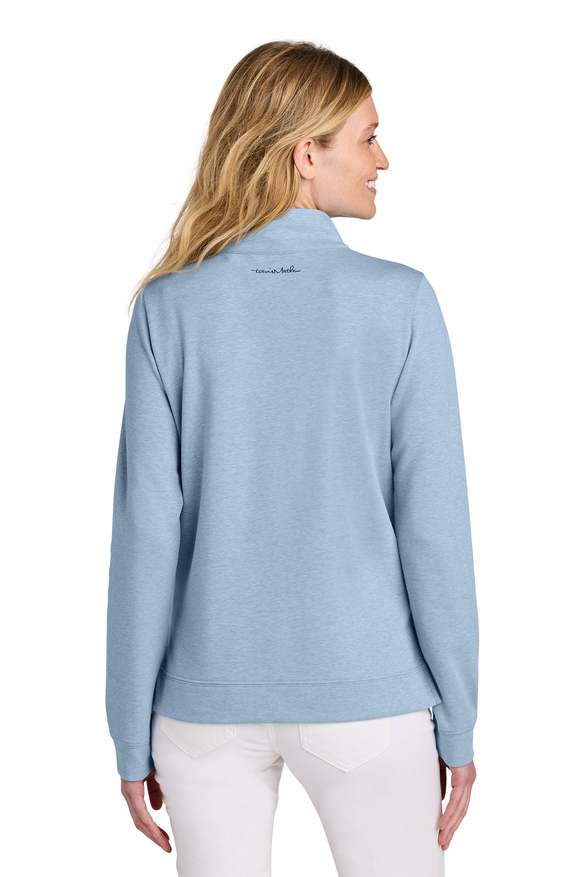 TravisMathew Women’s Coveside 1/2-Zip in Light Blue Heather, back on model