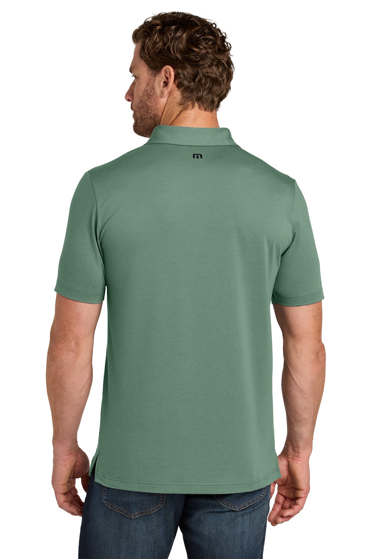 TravisMathew Glenview Solid Polo in Laurel Green, back on model