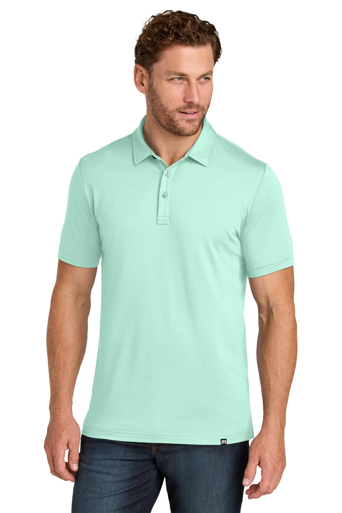 TravisMathew Glenview Solid Polo in Mint, front on model