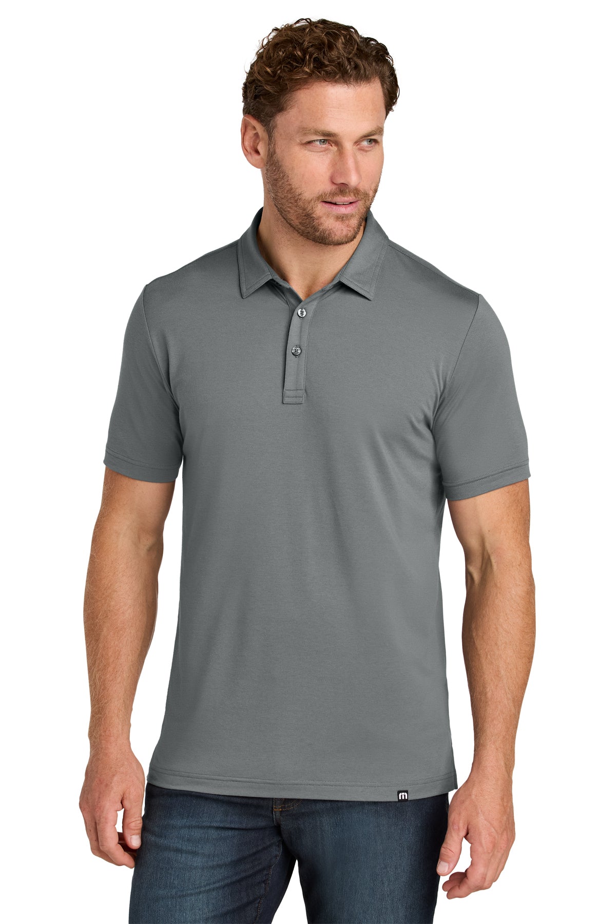 TravisMathew Glenview Solid Polo in Quiet Shade Grey, front on model
