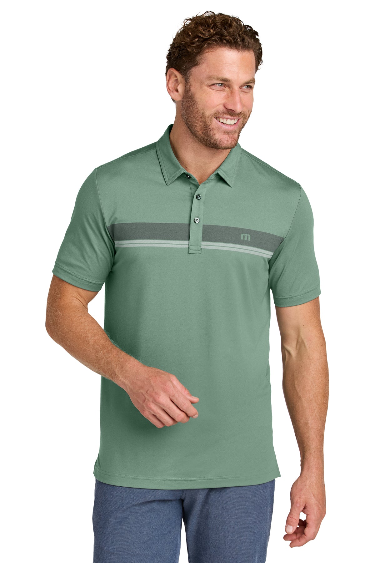 TravisMathew Glenview Stripe Polo in Laurel Green, front on model