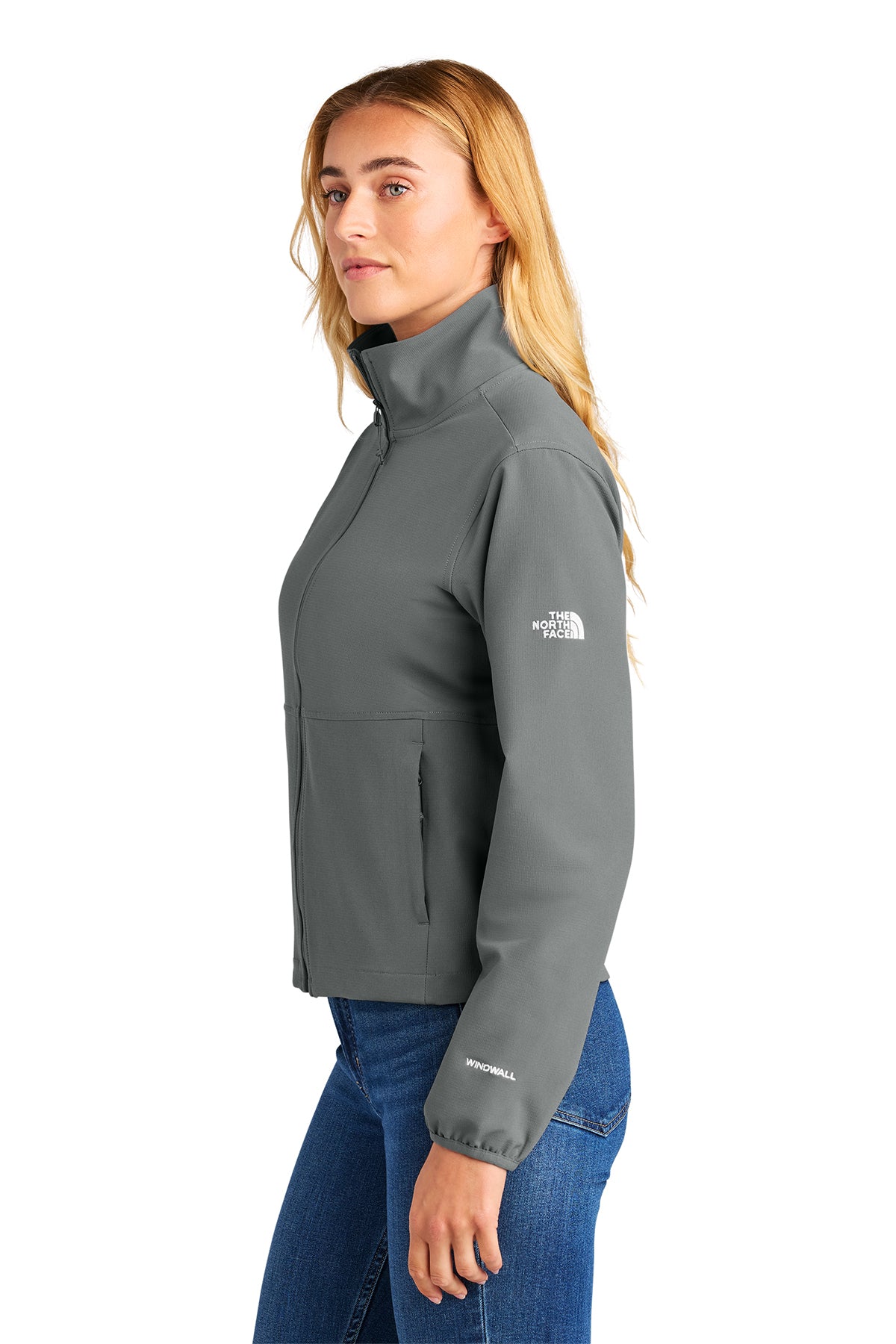 The North Face Women’s Edge Stretch Soft Shell Jacket in Smoked Pearl Grey, side on model