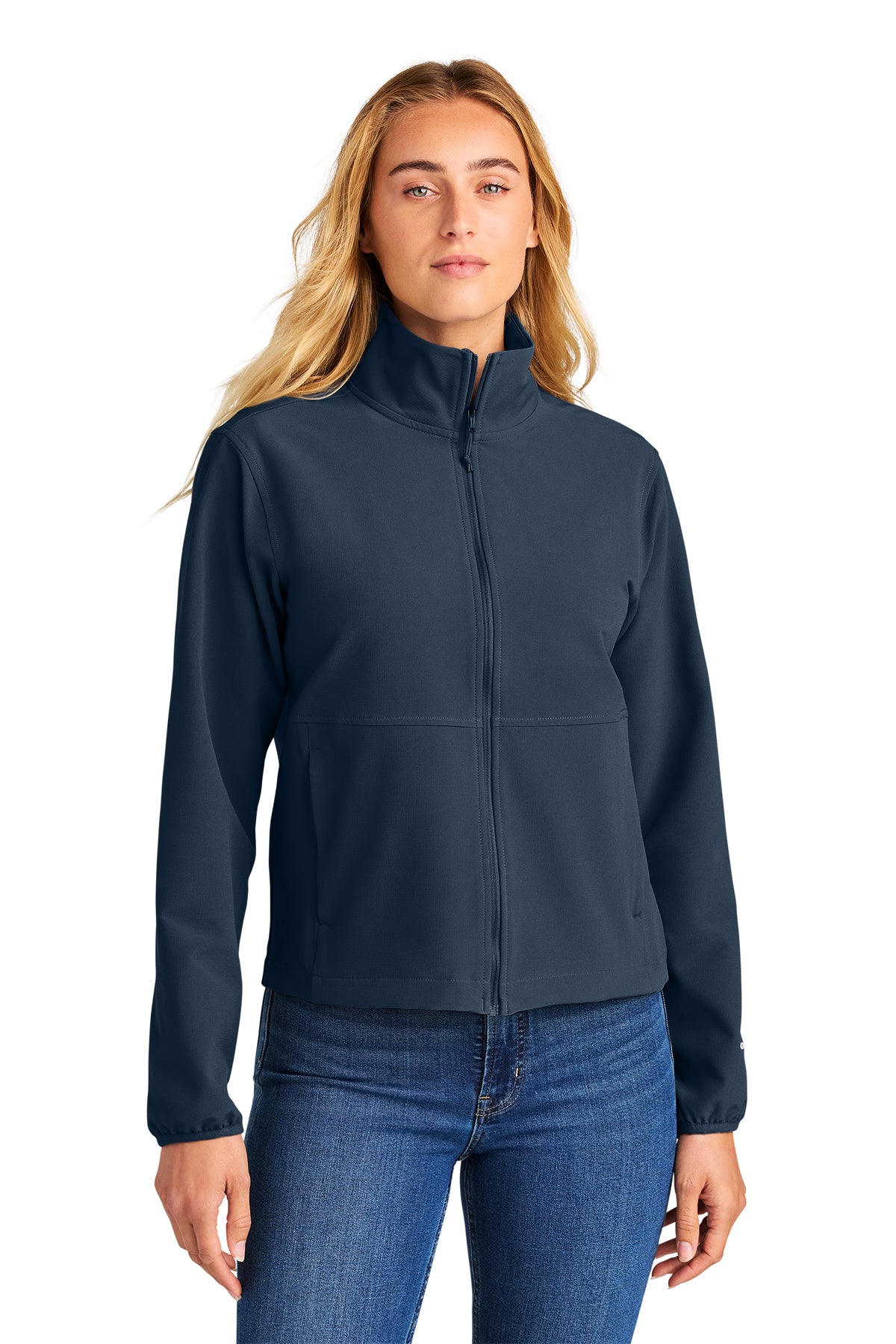 The North Face Women’s Edge Stretch Soft Shell Jacket in Summit Navy, front on model