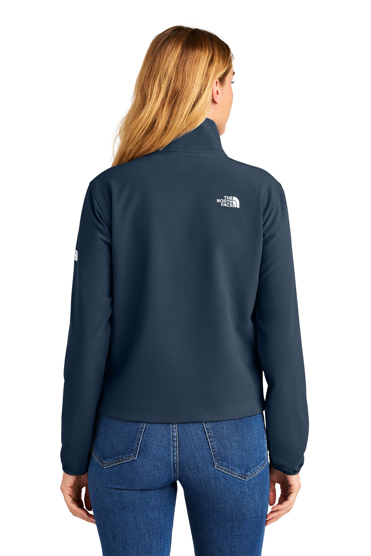 The North Face Women’s Edge Stretch Soft Shell Jacket in Summit Navy, back on model