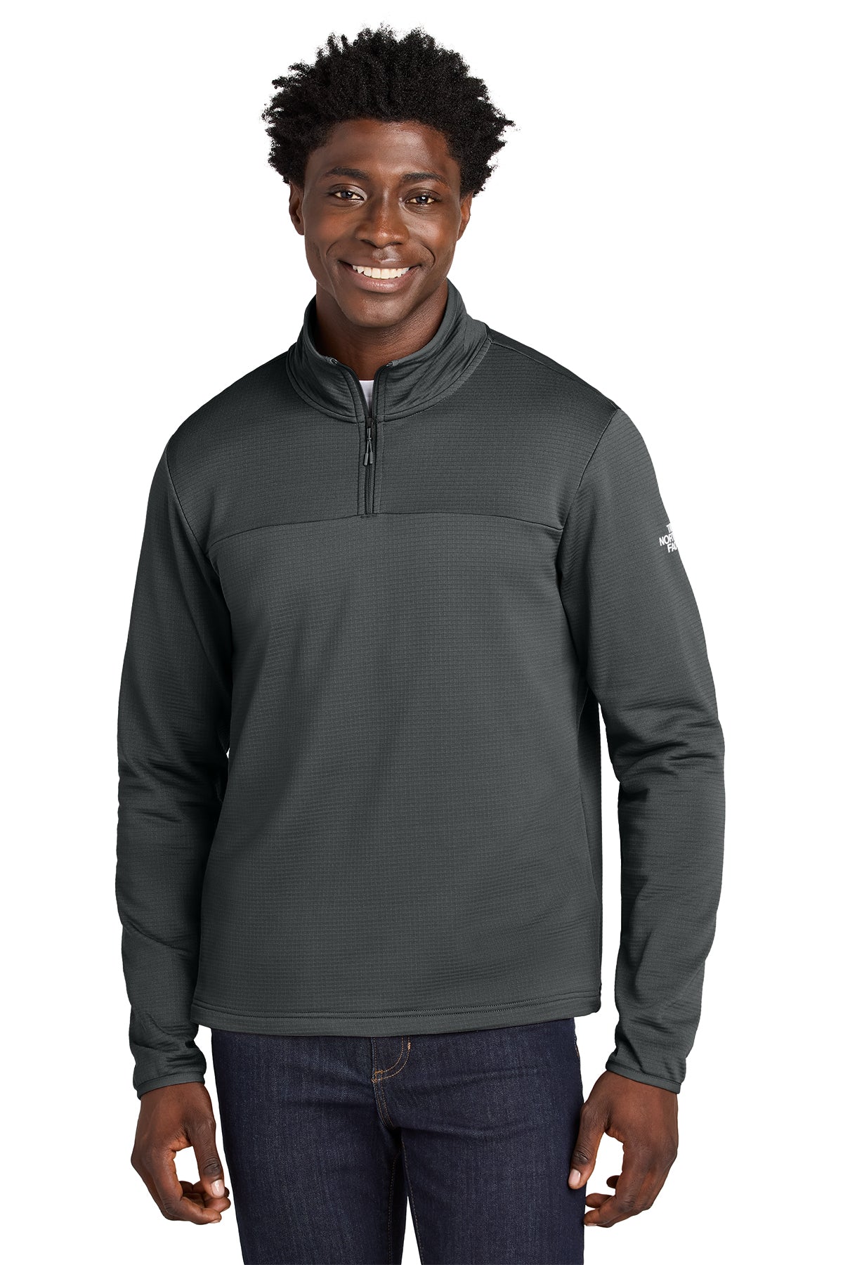 The North Face Aim 1/4-Zip Fleece in Asphalt Grey, front on model