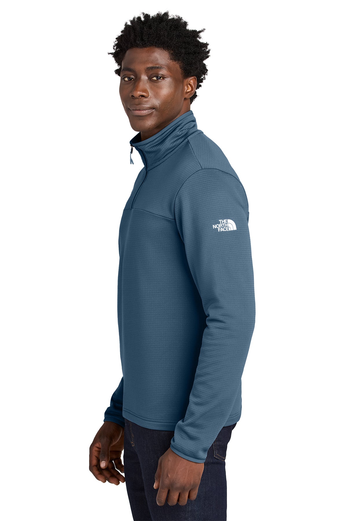 The North Face Aim 1/4-Zip Fleece in Shady Blue, side on model