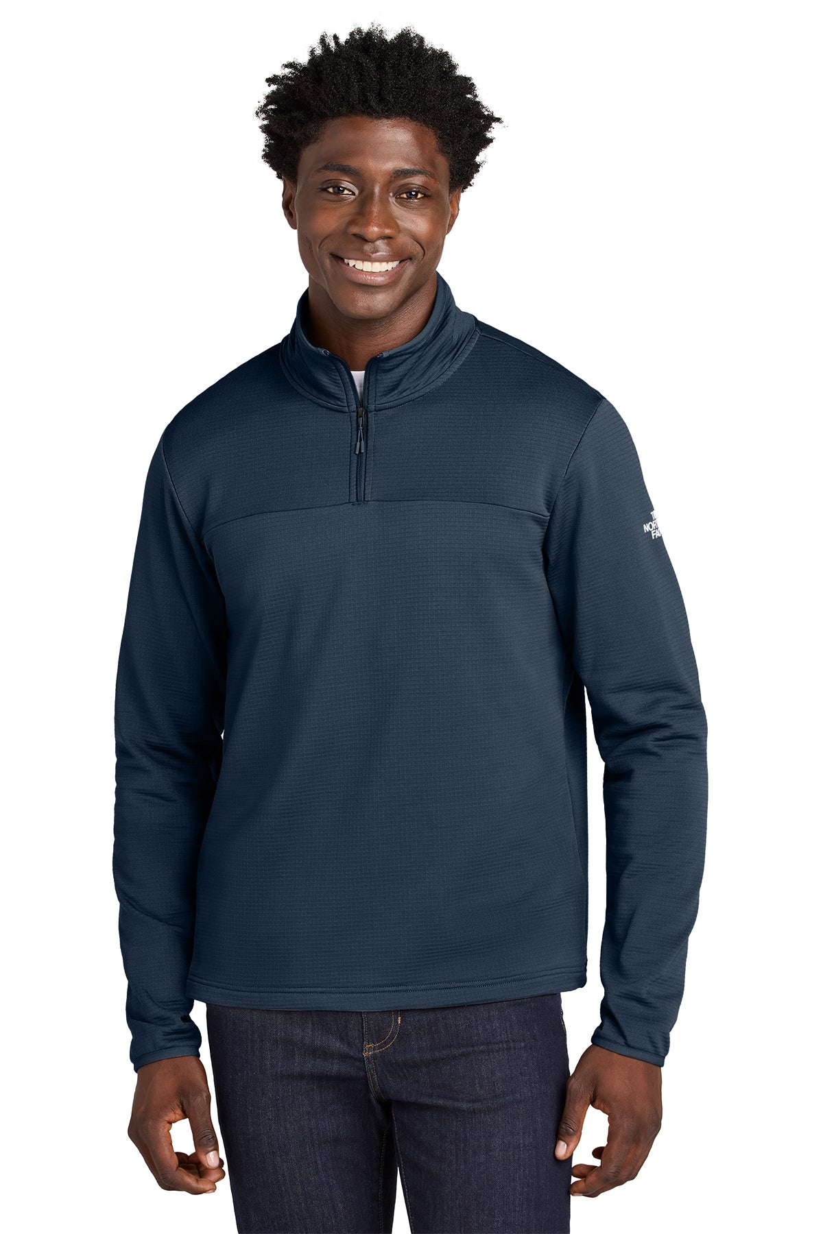 The North Face Aim 1/4-Zip Fleece in Summit Navy, front on model