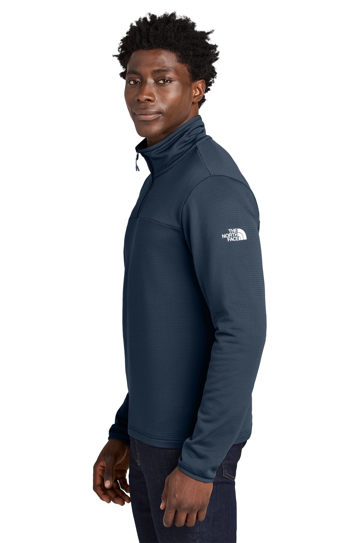 The North Face Aim 1/4-Zip Fleece in Summit Navy, side on model