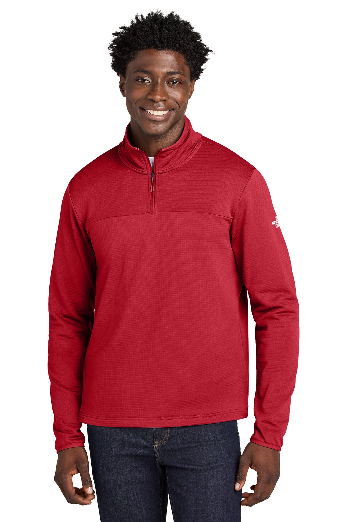 The North Face Aim 1/4-Zip Fleece in TNF Red, front on model