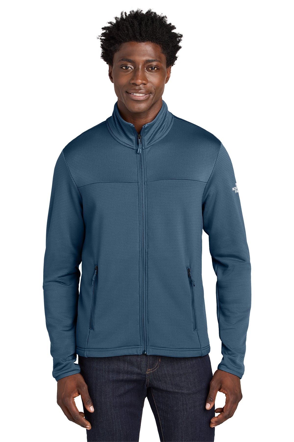 The North Face Aim Full-Zip Fleece Jacket in Shady Blue, front on model