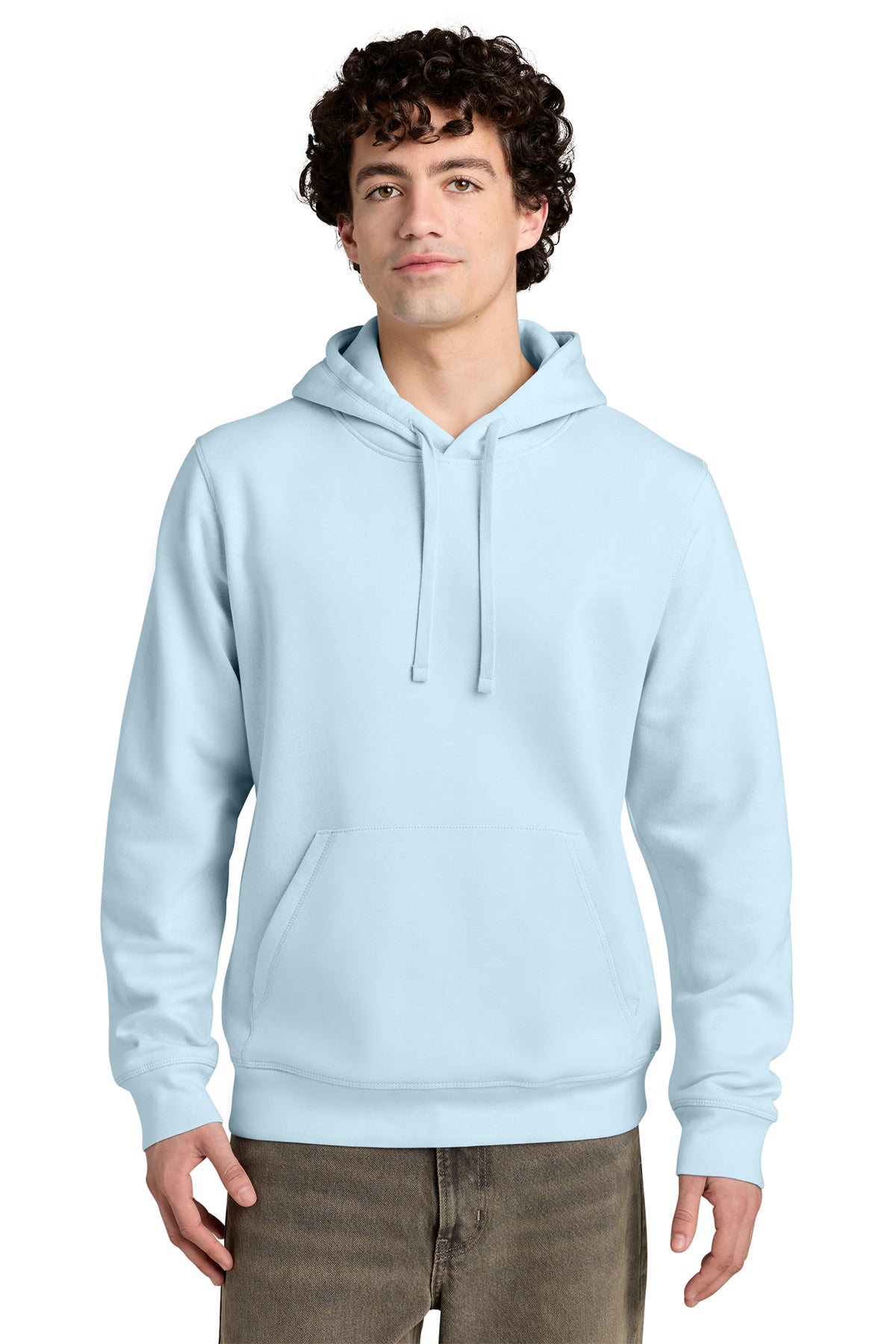 Stanley/Stella Unisex Drummer 2.0 Hooded Sweatshirt in Blue Ice, front on model