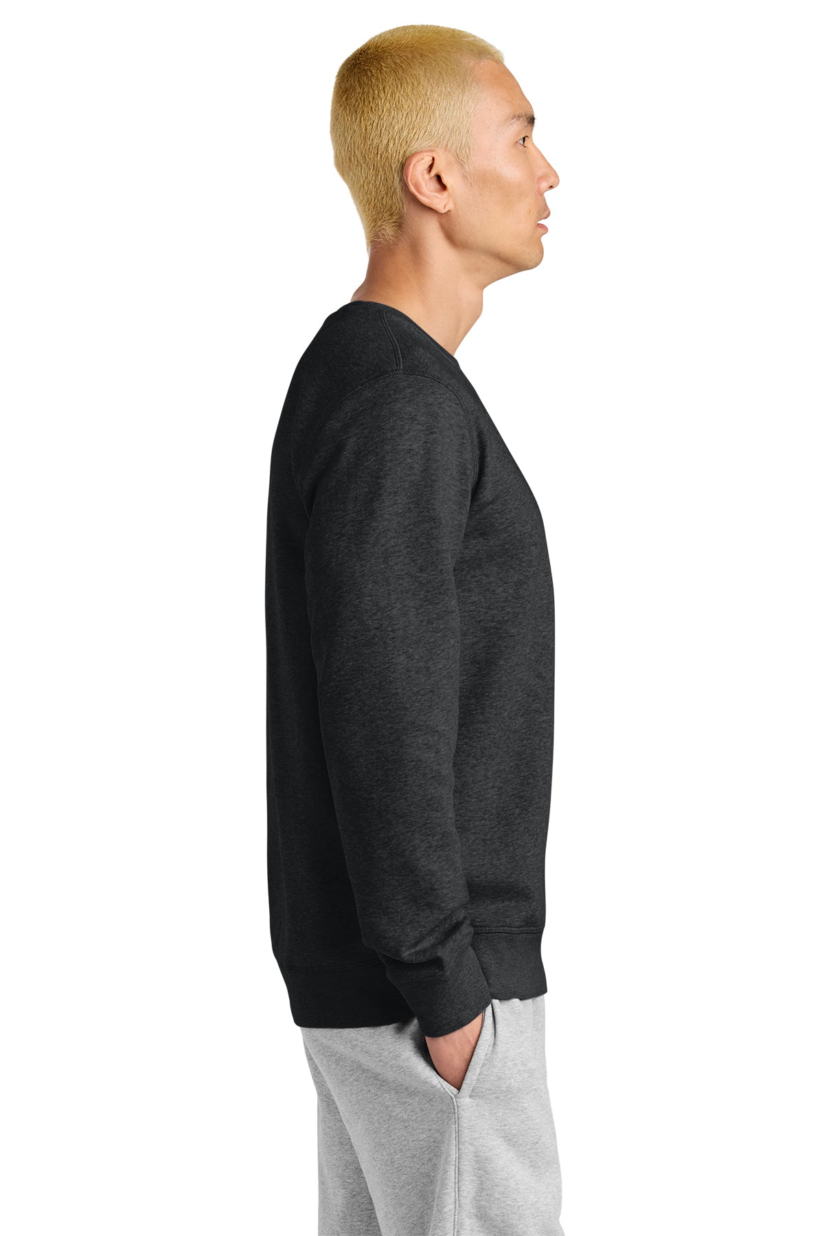 Stanley/Stella Unisex Roller Crewneck Sweatshirt in Dark Heather Grey, side on model