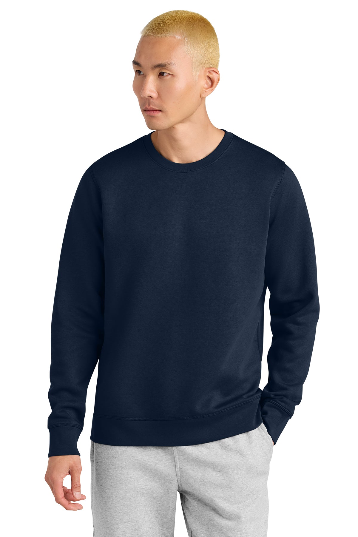 Stanley/Stella Unisex Roller Crewneck Sweatshirt in French Navy, front on model