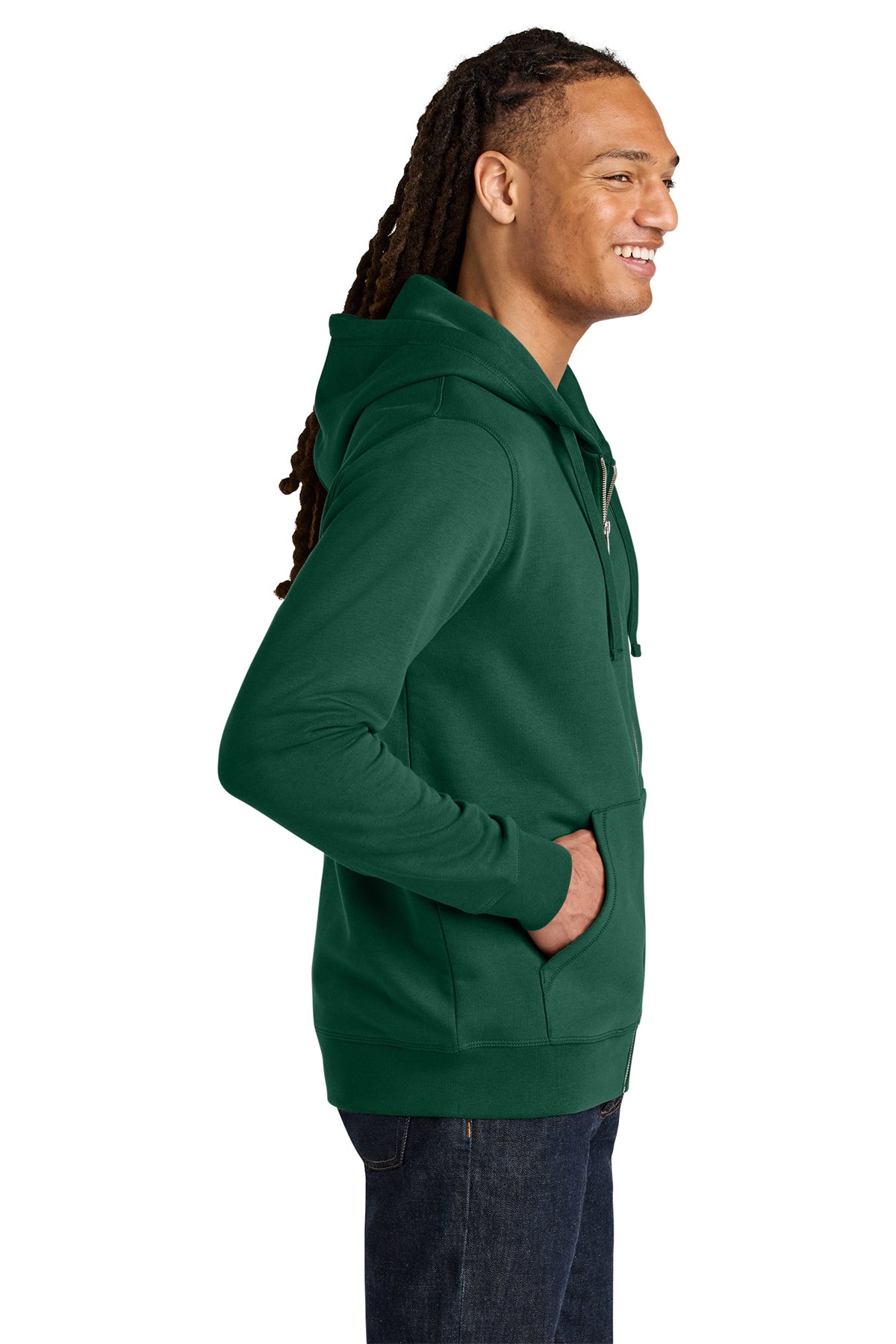 Stanley/Stella Unisex Mixer Full-Zip Hooded Sweatshirt in Bottle Green, side on model