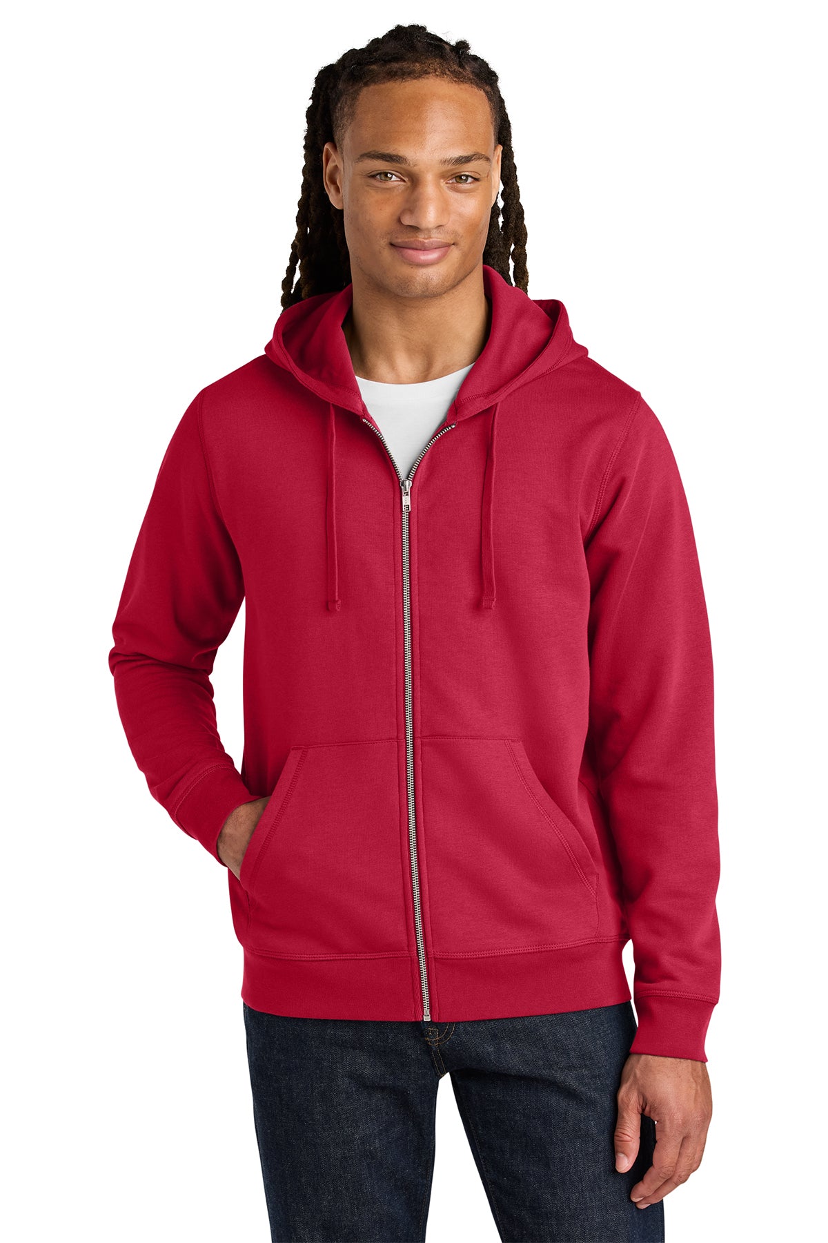 Stanley/Stella Unisex Mixer Full-Zip Hooded Sweatshirt in Red, front on model