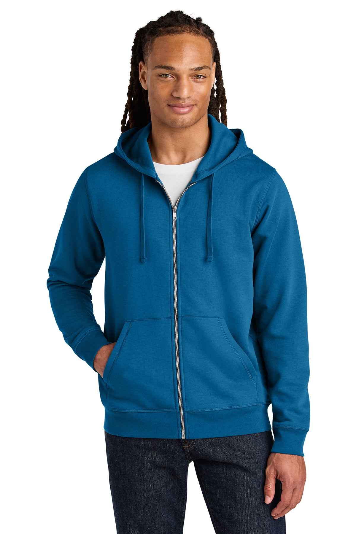 Stanley/Stella Unisex Mixer Full-Zip Hooded Sweatshirt in Royal Blue, front on model