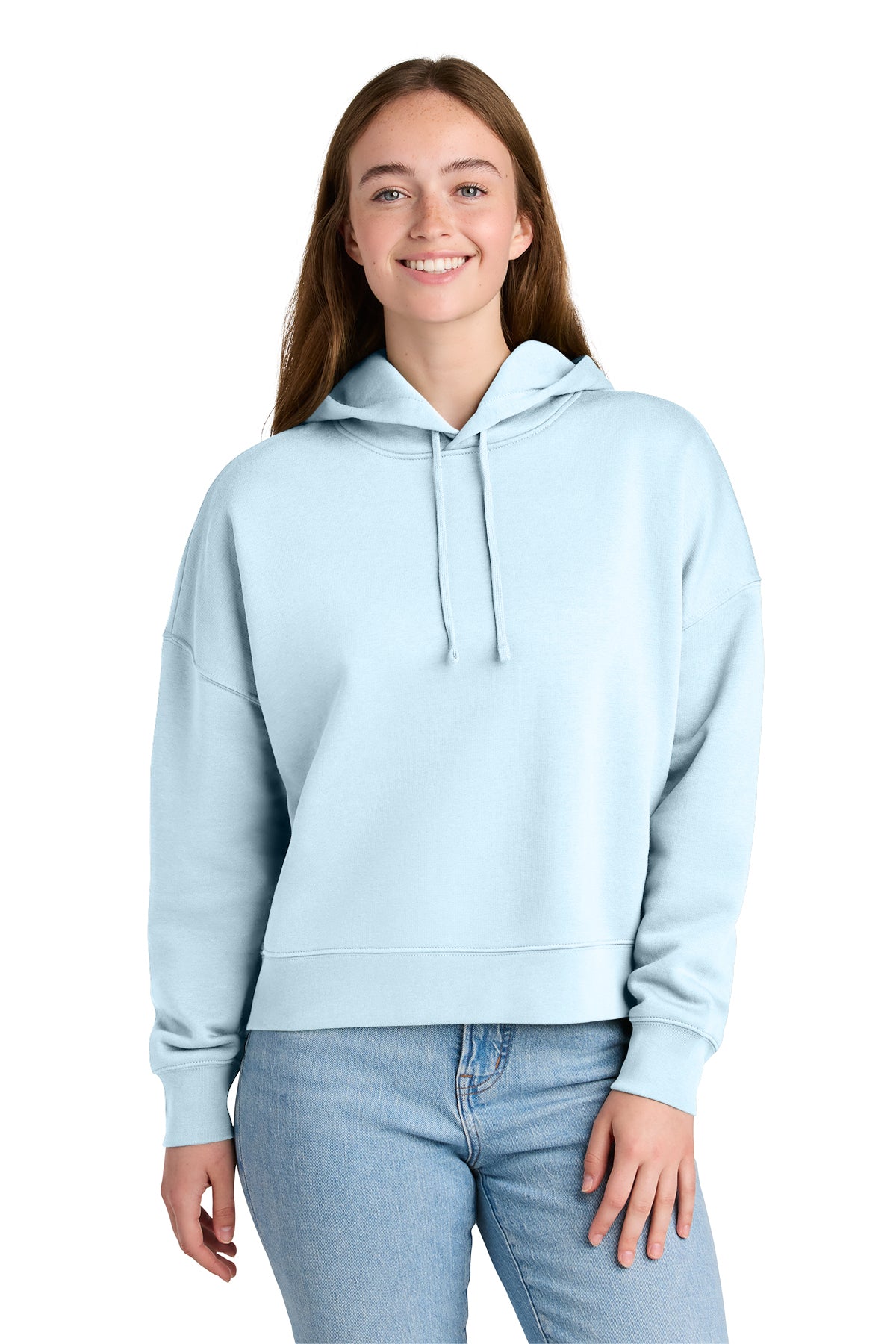 Stanley/Stella Women’s Stella Nora Hooded Sweatshirt in Blue Ice, front on model