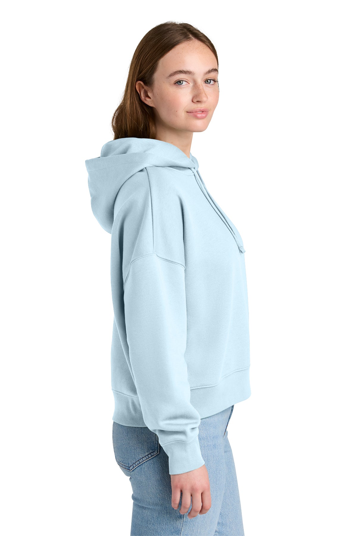 Stanley/Stella Women’s Stella Nora Hooded Sweatshirt in Blue Ice, side on model