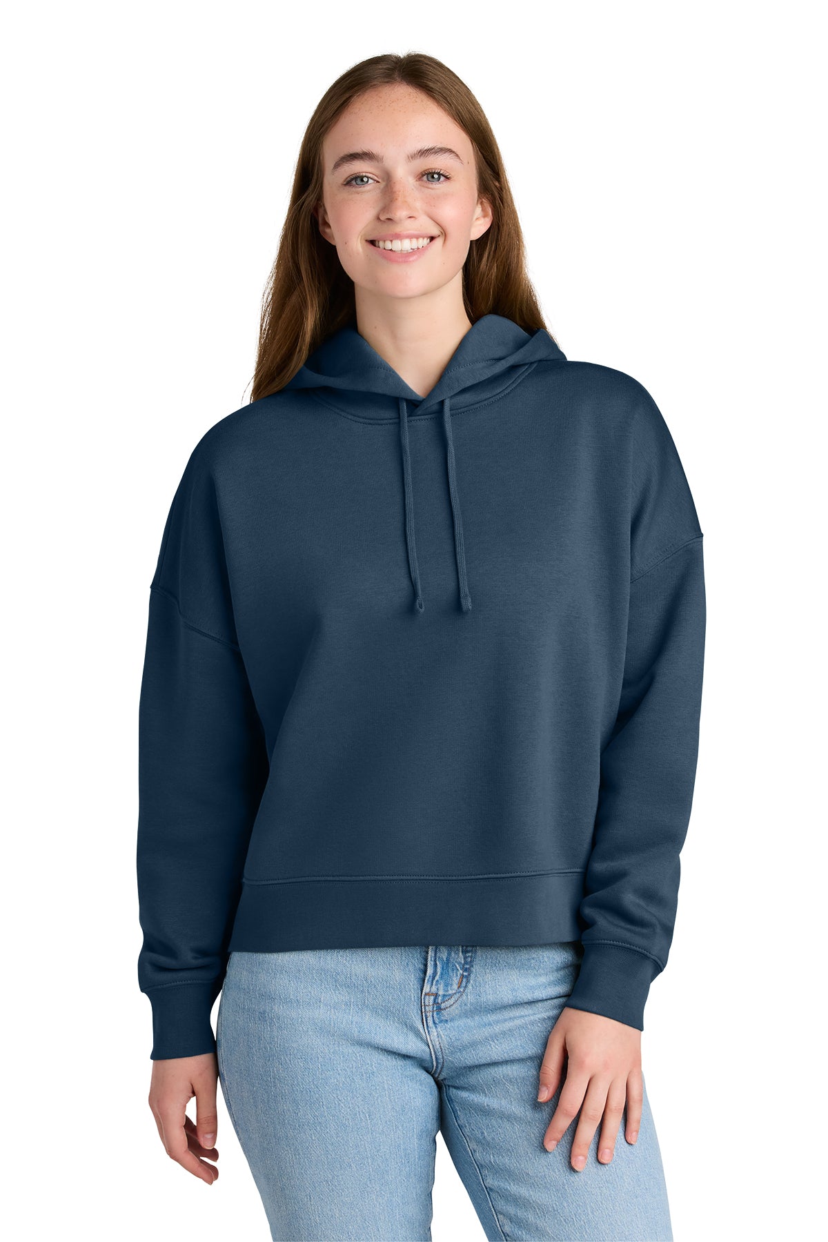Stanley/Stella Women’s Stella Nora Hooded Sweatshirt in Deep Teal, front on model