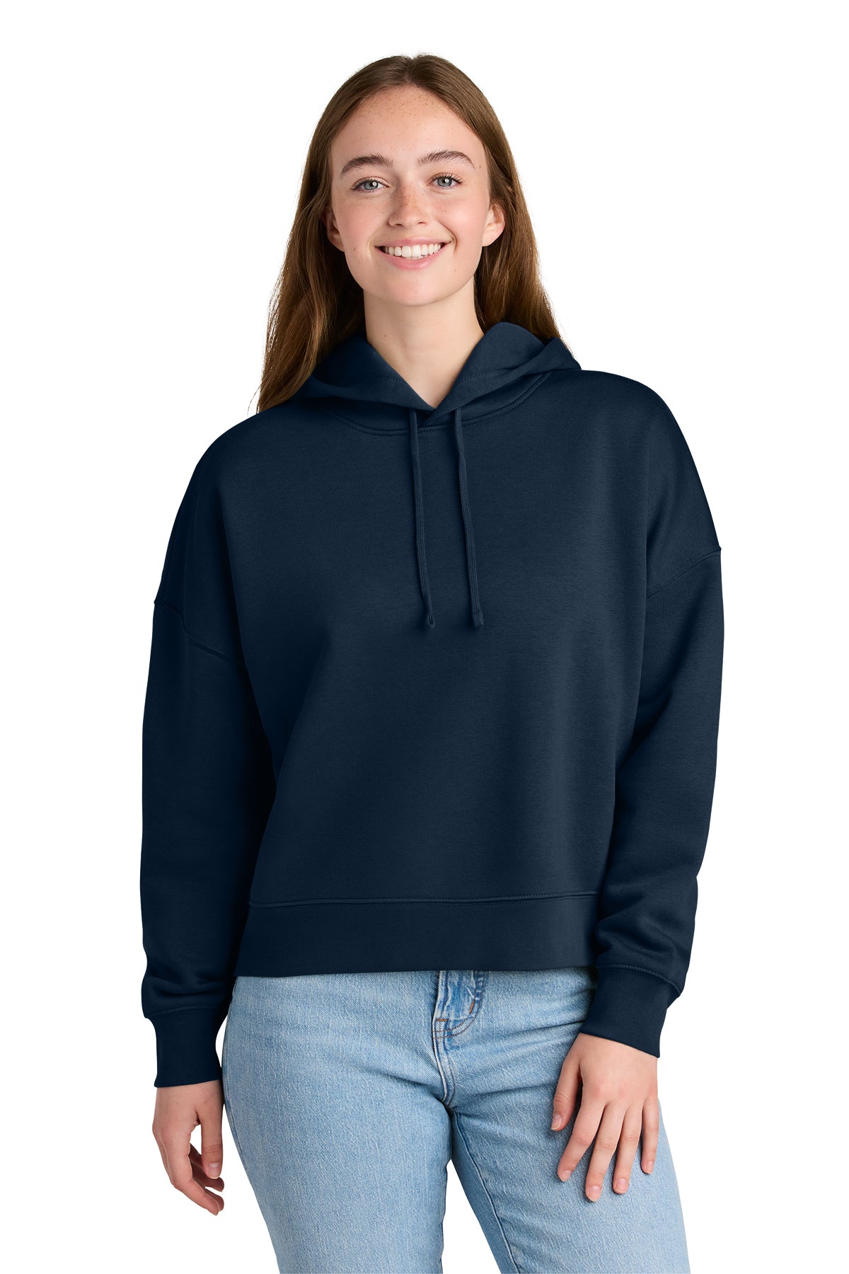 Stanley/Stella Women’s Stella Nora Hooded Sweatshirt in French Navy, front on model