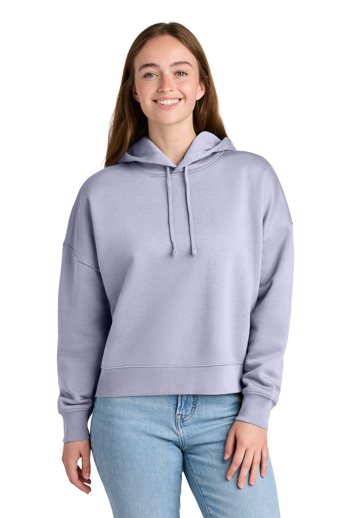 Stanley/Stella Women’s Stella Nora Hooded Sweatshirt in Lavender, front on model