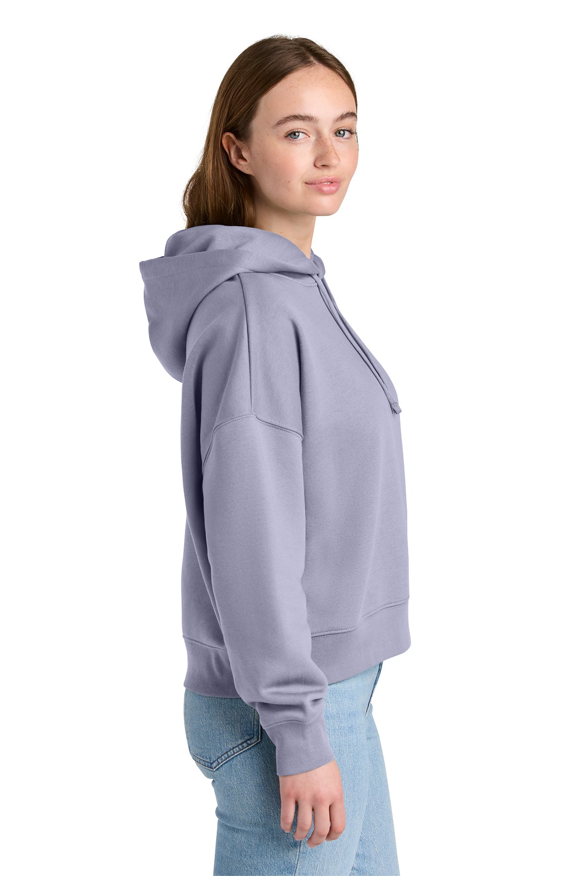 Stanley/Stella Women’s Stella Nora Hooded Sweatshirt in Lavender, side on model