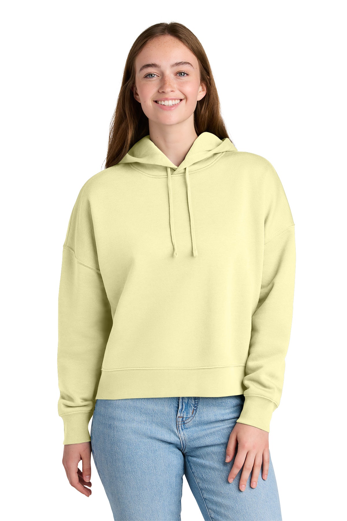 Stanley/Stella Women’s Stella Nora Hooded Sweatshirt in Lemon Sorbet, front on model
