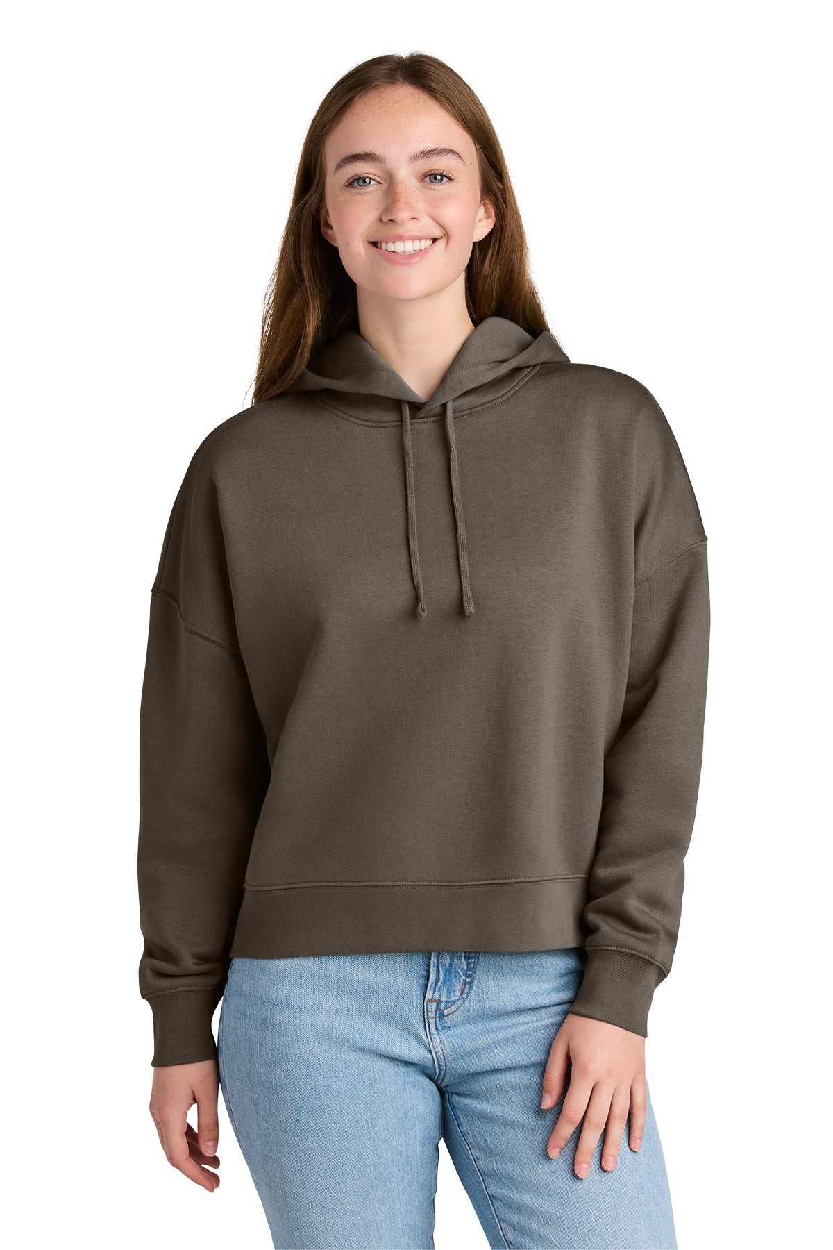 Stanley/Stella Women’s Stella Nora Hooded Sweatshirt in Mocha, front on model