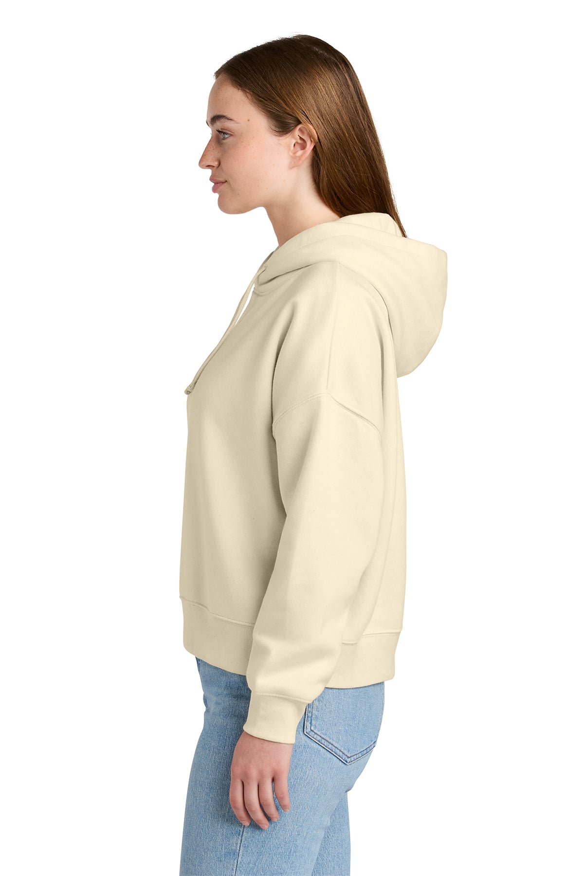 Stanley/Stella Women’s Stella Nora Hooded Sweatshirt in Natural Raw, side on model