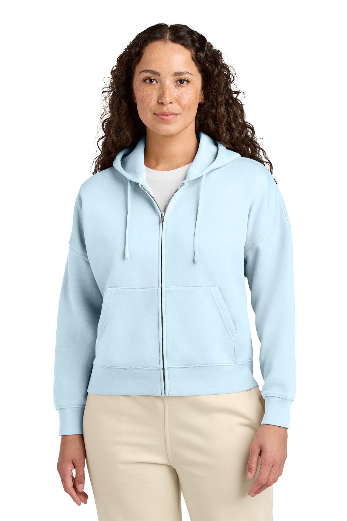 Stanley/Stella Women’s Stella Ida Full-Zip Hooded Sweatshirt in Blue Ice, front on model