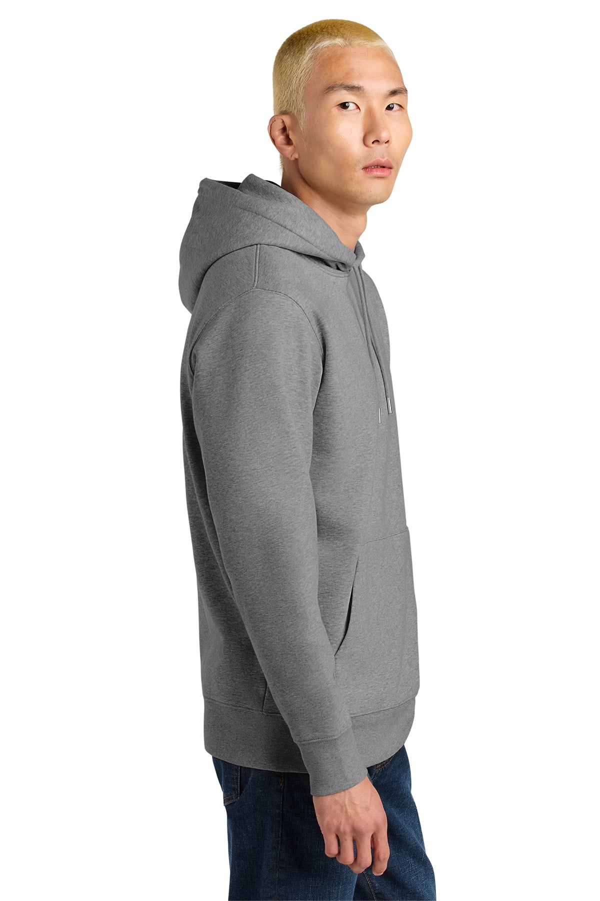 Stanley/Stella Unisex Cruiser 2.0 Hooded Sweatshirt in Mid Heather Grey, side on model