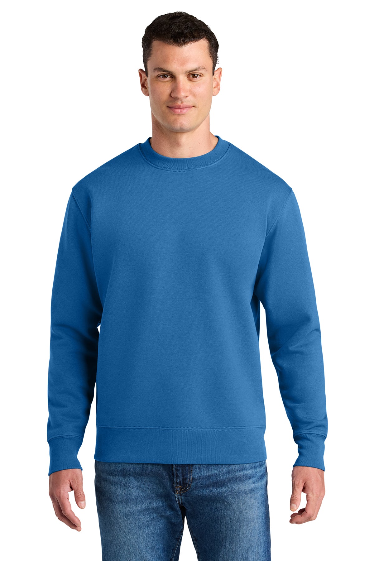 Stanley/Stella Unisex Changer 2.0 Crewneck Sweatshirt in Mindful Blue, front on model