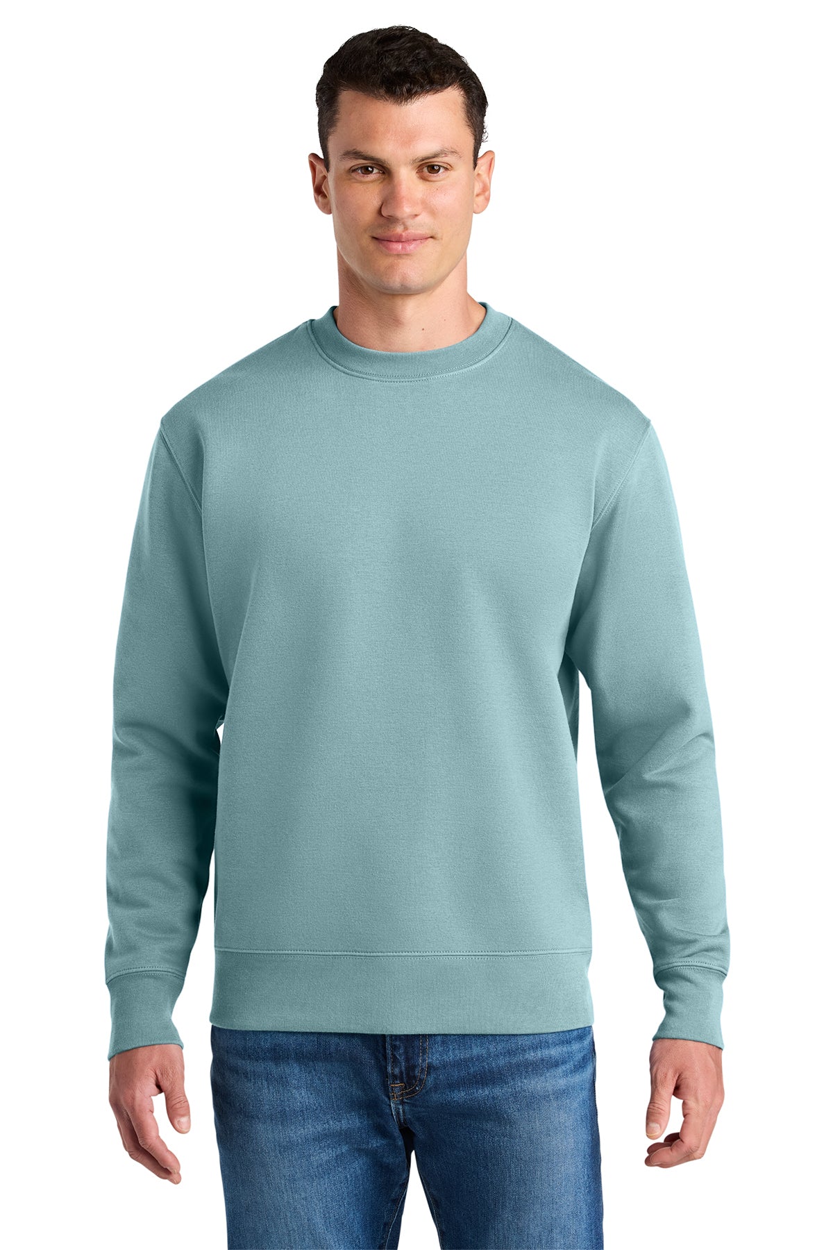 Stanley/Stella Unisex Changer 2.0 Crewneck Sweatshirt in Pebble Blue, front on model