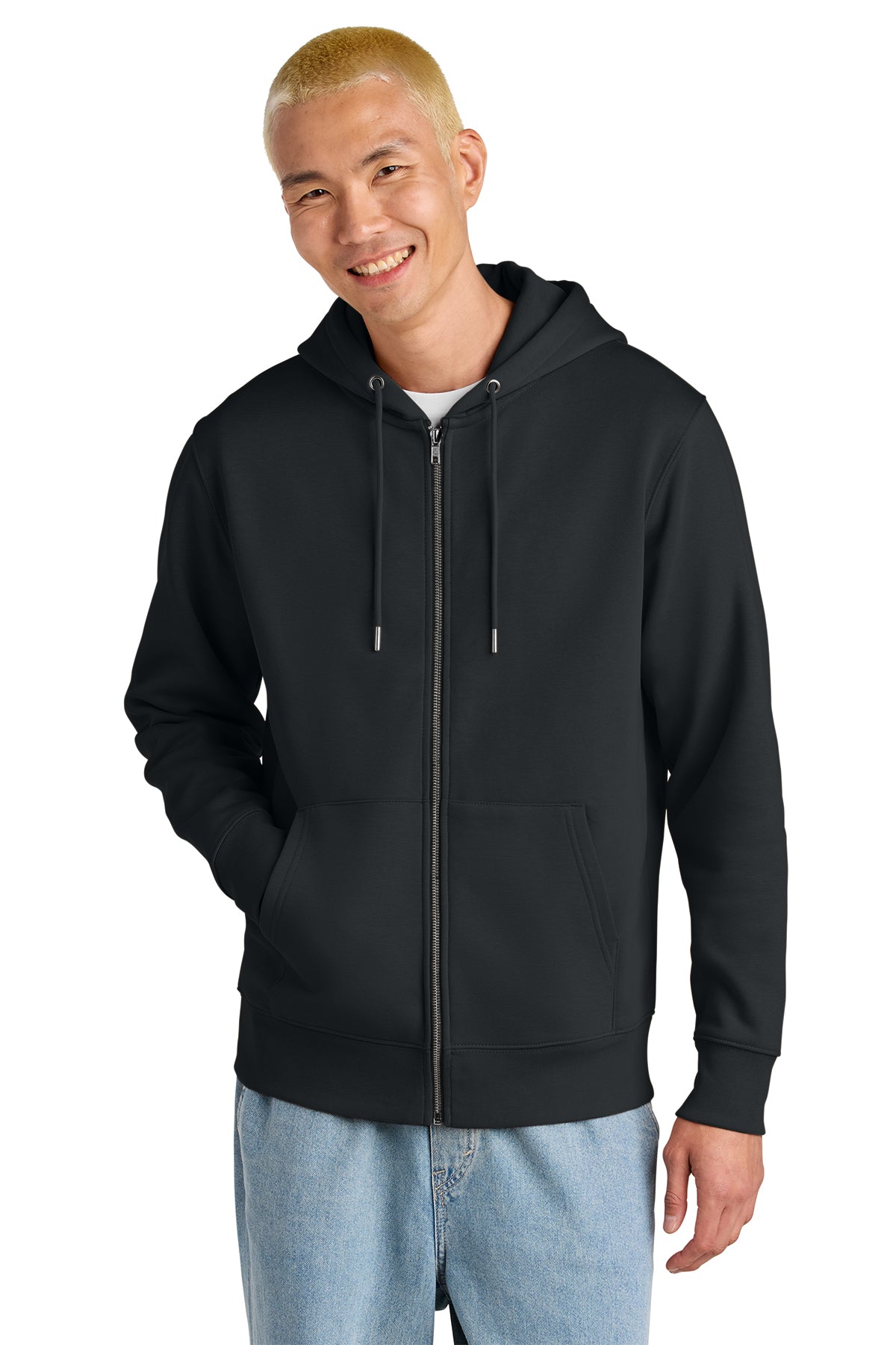 Stanley/Stella Unisex Cultivator 2.0 Full-Zip Hooded Sweatshirt in Black, front on model