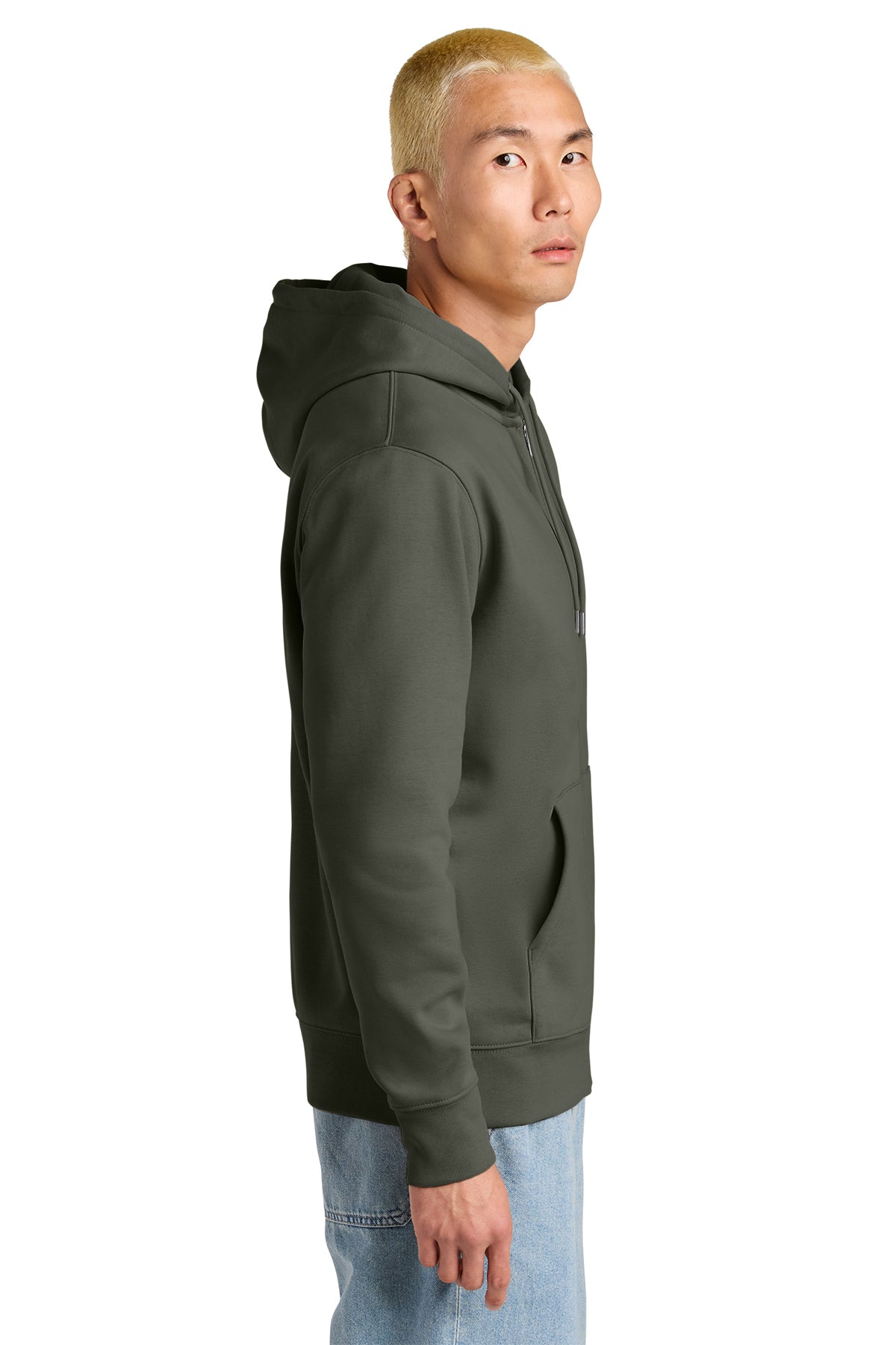 Stanley/Stella Unisex Cultivator 2.0 Full-Zip Hooded Sweatshirt in Khaki Green, side on model