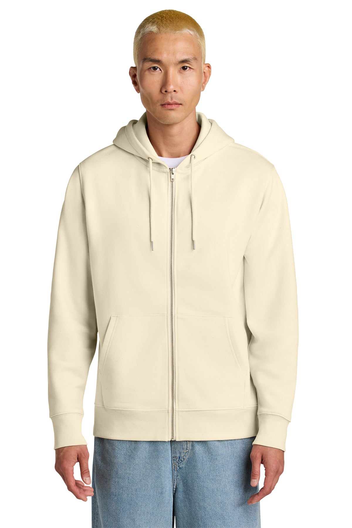 Stanley/Stella Unisex Cultivator 2.0 Full-Zip Hooded Sweatshirt in Natural Raw, front on model