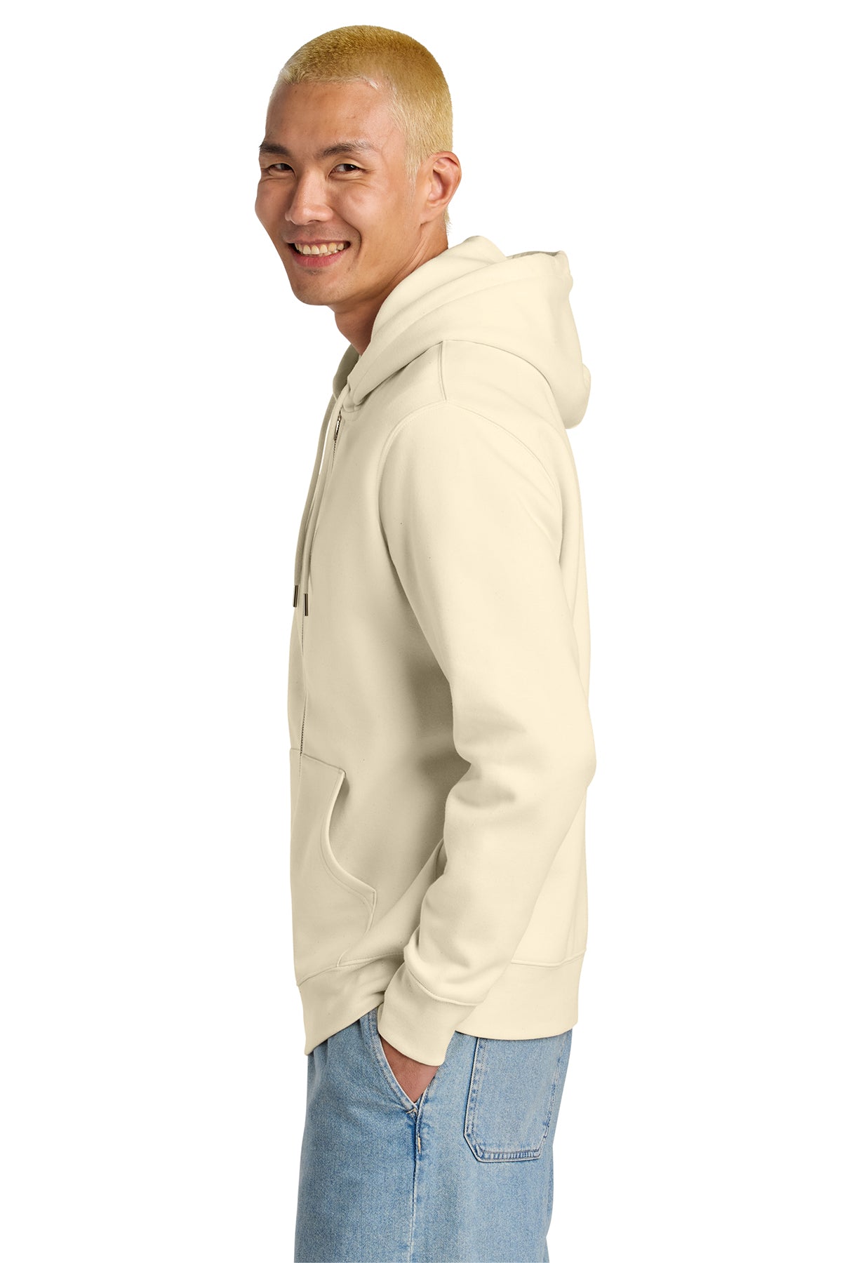 Stanley/Stella Unisex Cultivator 2.0 Full-Zip Hooded Sweatshirt in Natural Raw, side on model
