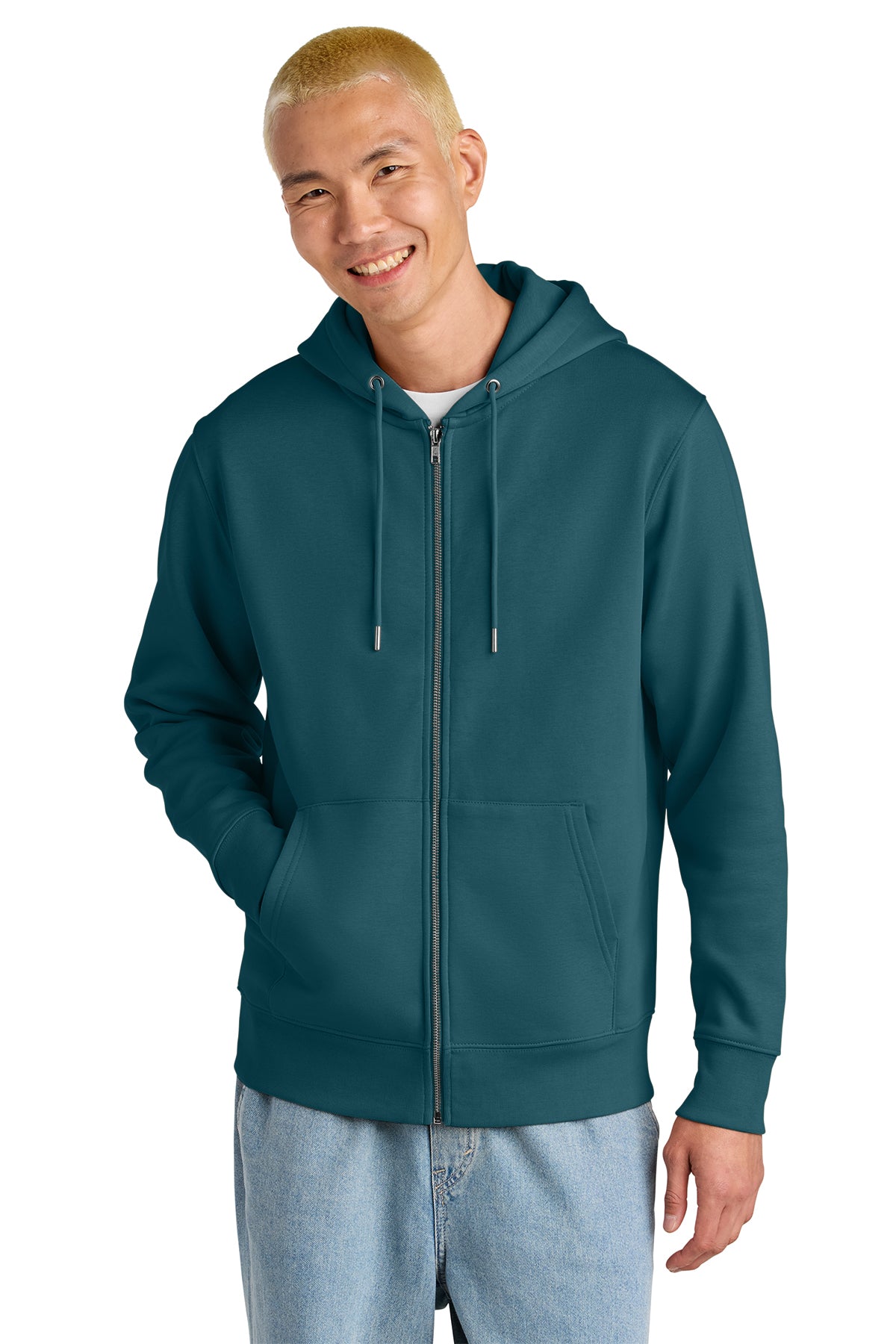 Stanley/Stella Unisex Cultivator 2.0 Full-Zip Hooded Sweatshirt in Stargazer, front on model