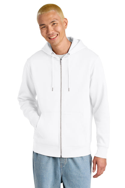Stanley/Stella Unisex Cultivator 2.0 Full-Zip Hooded Sweatshirt in White, front on model