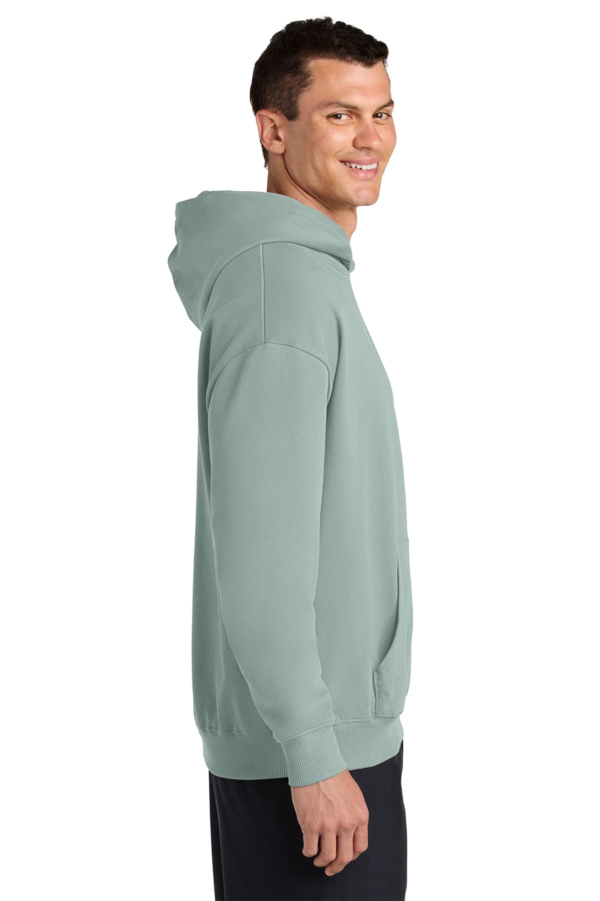 Stanley/Stella Unisex Cooper Dry Hooded Sweatshirt in Aloe, side on model