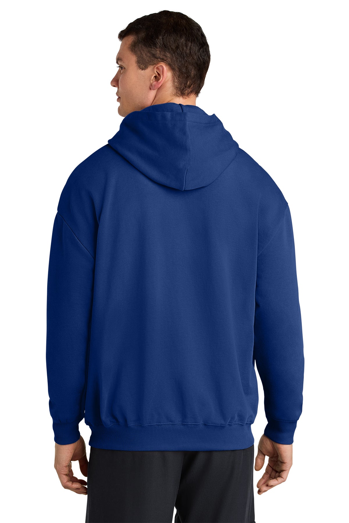 Stanley/Stella Unisex Cooper Dry Hooded Sweatshirt in Worker Blue, back on model