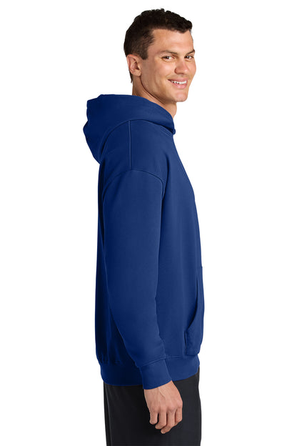 Stanley/Stella Unisex Cooper Dry Hooded Sweatshirt in Worker Blue, side on model
